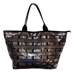 Victoria’s Secret Sequined Large Tote Bag Silver & Black Sequins & BLK Canvas